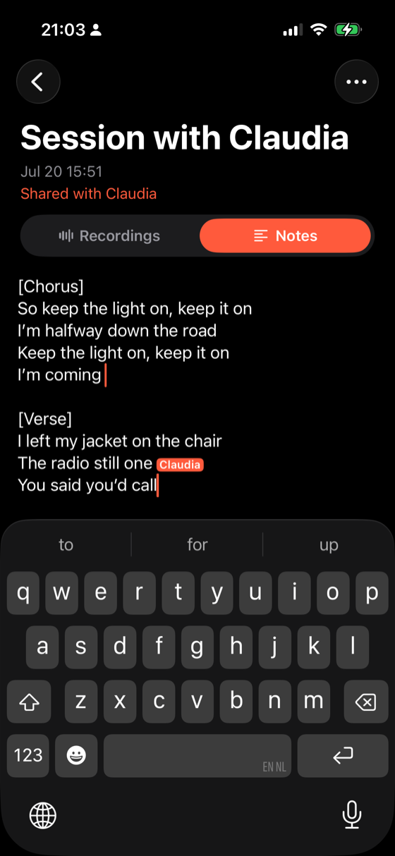 Writing lyrics together in Jibber, with a co-writer's cursor visible